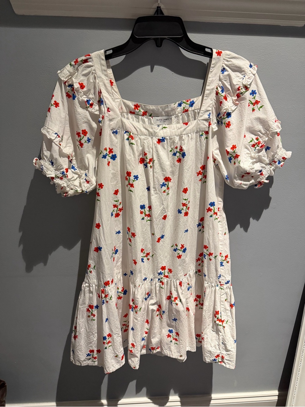 White Floral Puff-Sleeve misses Dress with Red & Blue Accents